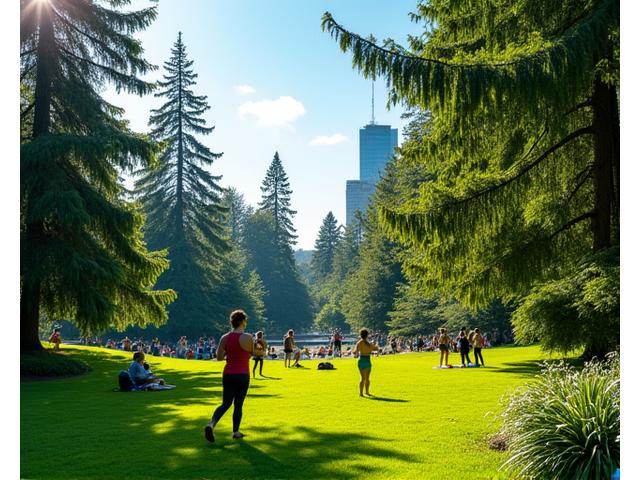 Lush, green Portland park scene with people engaging in outdoor yoga and walking, embodying community and nature.