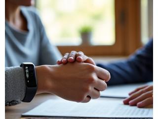 Two individuals shaking hands over a fitness tracker and a wellness journal, symbolizing a shared commitment and accountability partnership.