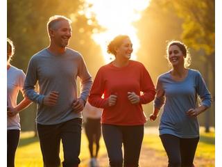 A diverse group of adults enthusiastically completing a friendly, outdoor fitness challenge in a park, representing group participation and motivation.