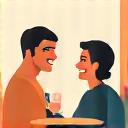 Two adults smiling and conversing over coffee, symbolizing building accountability partnerships and connecting offline.