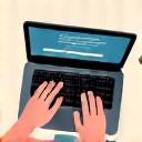 An adult hand typing on a laptop keyboard, with a speech bubble icon above, representing creating a forum post.