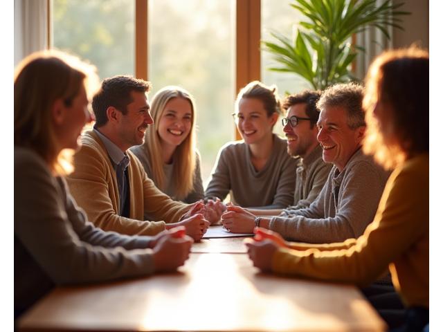 Diverse group of adults engaged in a lively, supportive discussion around a table, symbolizing community connection and shared wellness journey.