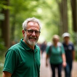 A man in his late 40s, David, leading a small group walk in a verdant Portland park, symbolizing local meetup success.
