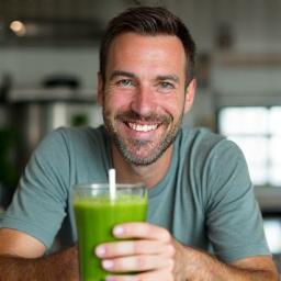 A smiling man in his early 40s, Michael, holding a smoothie, representing dietary change.