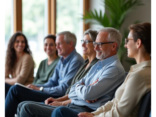 A diverse group of adults of varying ages, smiling and nodding in a quiet, modern meeting space, representing a supportive, respectful online community.