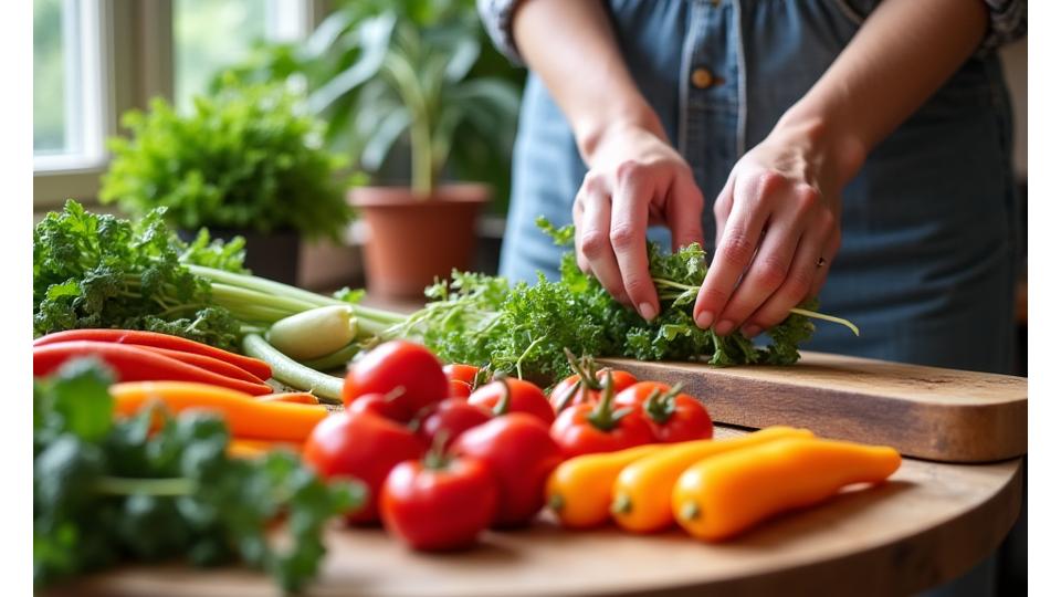 A person thoughtfully selecting colorful, fresh vegetables, symbolizing mindful eating and healthy choices.