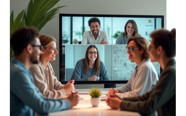 A diverse group of adults 35-50 engaged in a focused virtual meeting on a tablet, smiling and taking notes, soft natural light.