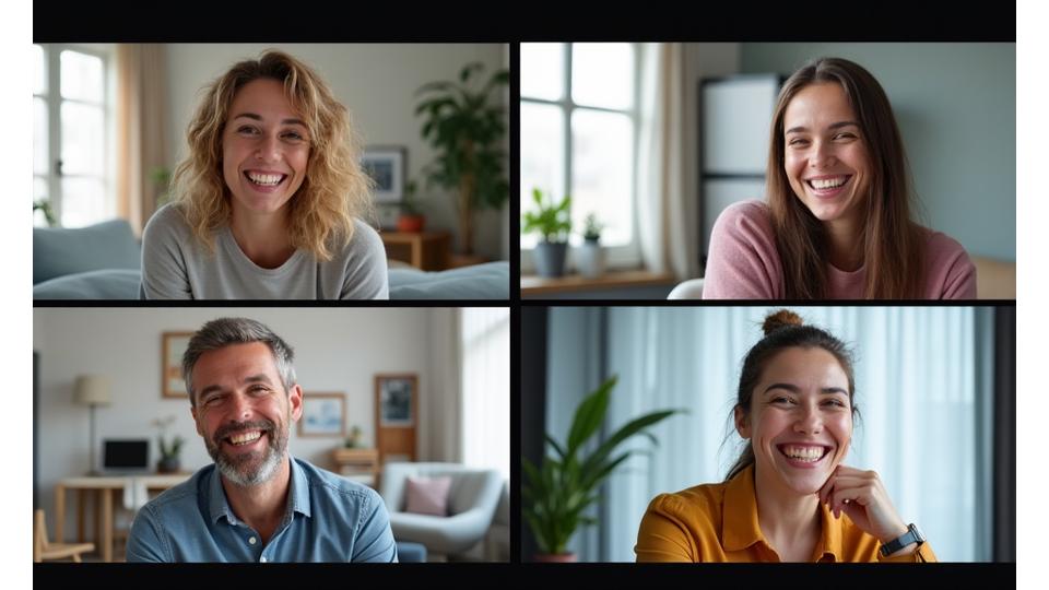 Diverse group of adults laughing during a small virtual group coaching session on a shared screen, depicting camaraderie.
