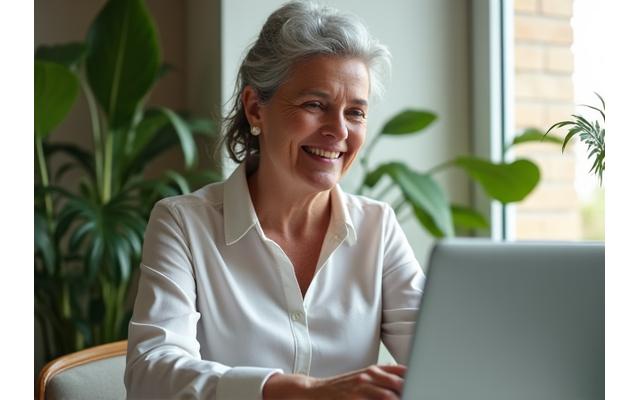 Woman in her 40s smiling, engaged in a virtual coaching session on a laptop, a cup of tea on her desk, soft light.
