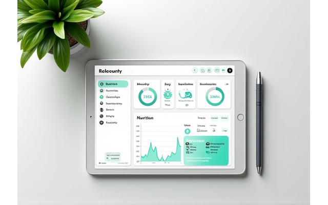 Clean, modern digital dashboard on a tablet displaying health metrics (sleep, activity, nutrition), a calendar with scheduled coaching calls, and a progress graph.