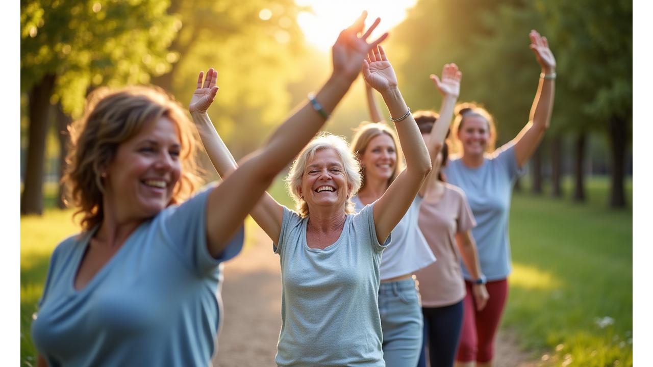 A diverse group of adults aged 35-55, smiling and engaging in light, everyday wellness activities like stretching, walking in a park, or sharing a healthy meal. The scene is bright and natural, conveying ease and community.