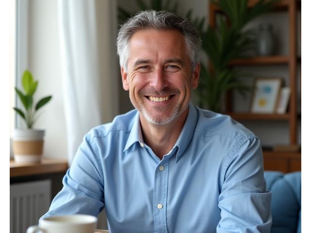 Man in his early 50s, David, looking refreshed and productive at a home office setup, symbolizing improved sleep and focus.