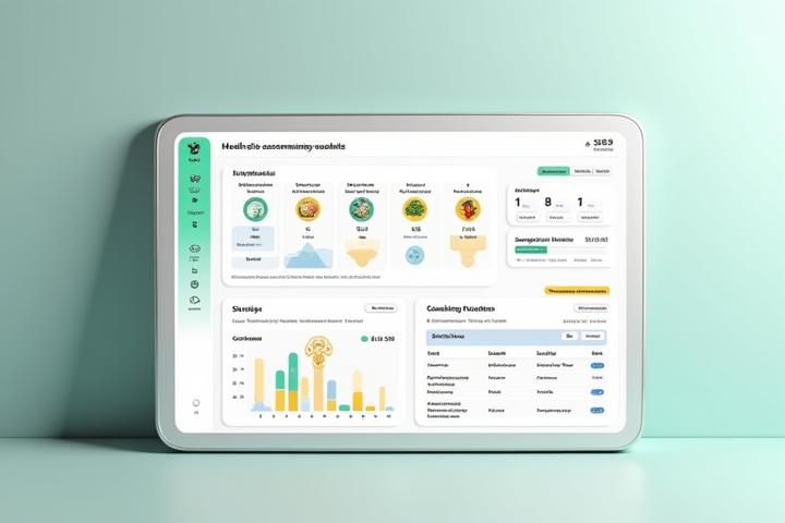 A vibrant, clean digital dashboard displaying personalized health assessment results and wellness recommendations tailored for an adult. The screen shows metrics for sleep, nutrition, stress, and activity, with clear actionable insights and links to content and product suggestions. The aesthetic is modern and user-friendly, emphasizing clarity and progress.