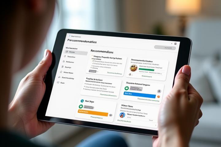A mockup of a personalized wellness results dashboard on a tablet screen. The dashboard clearly shows progress metrics, a summary of health scores in different categories, and direct recommendations for articles, mindful practices, and specific products. The design is intuitive and encouraging.