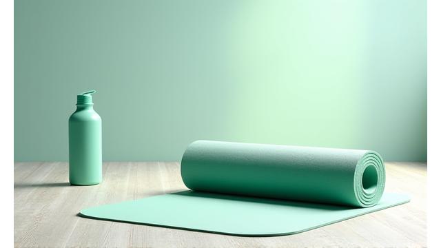 Rolled-up yoga mat next to a water bottle