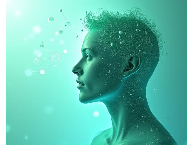 Scientific illustration of metabolic pathways alongside a silhouette of an adult in midlife, showing internal changes.