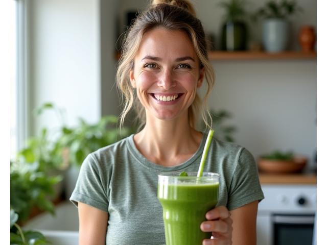 Woman mid-thirties holding a leafy green smoothie, smiling confidently, with clean, modern kitchen background