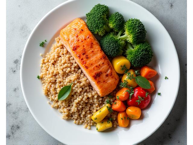 A vibrant, well-balanced meal featuring grilled salmon, quinoa, and roasted vegetables, promoting healthy nutrition for adults.