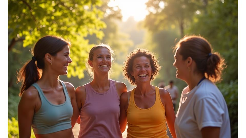 A diverse group of adults (35-55) smiling and laughing together outdoors, looking healthy and vibrant, symbolizing collective wellness and achievement.