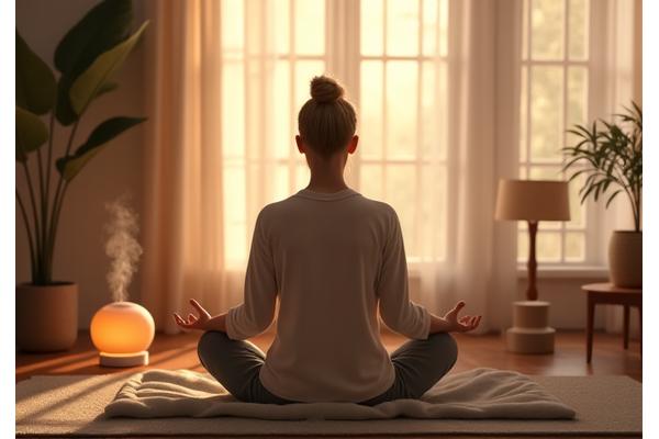 Person meditating with a subtle aromatherapy diffuser nearby