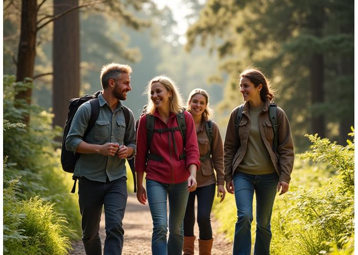 A diverse group of adults 35+ enjoying a sunny, casual hike on a scenic trail in Forest Park, Portland, demonstrating community connection and outdoor activity.