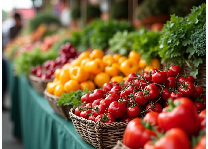 A vibrant display of fresh, organic fruits and vegetables at a bustling outdoor Portland farmer's market, highlighting local produce.