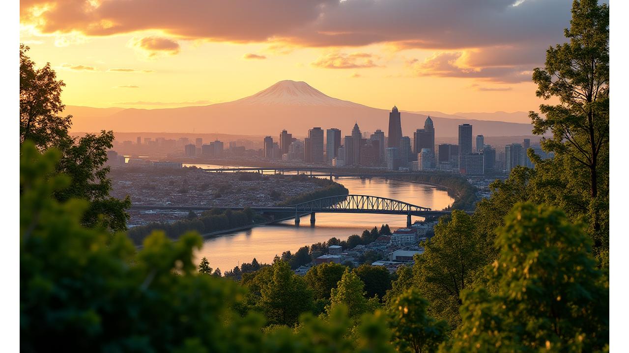 Panoramic view of Portland, Oregon, showcasing the bridges over the Willamette River, Mount Hood in the background, and lush urban greenery, conveying a sense of natural beauty and urban integration.