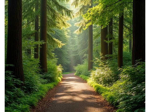A path winding through a lush green forest, dappled with sunlight, showcasing a quiet, invigorating hiking trail near Portland.