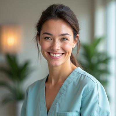 A compassionate female wellness practitioner, mid-40s, with a warm smile, wearing professional yet comfortable attire, engaging thoughtfully with a client in a modern, calm clinic setting, conveying trust and care.