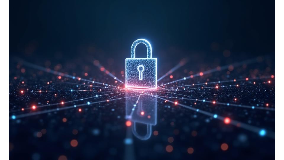 Abstract visual representation of cyber security with encryption padlock and interconnected data lines.
