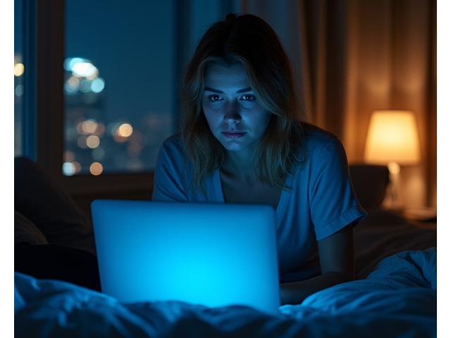 A tired professional in their late 30s or early 40s looking at a laptop late at night, framed by the soft glow of a screen, conveying the struggle of balancing work and rest.