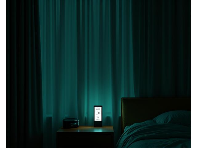 A perfectly optimised bedroom interior focusing on dark, quiet, and cool elements: blackout curtains, a subtle white noise machine, and a temperature control device.