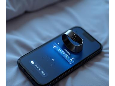 A sleek, minimalist sleep tracking device on a bedside table, next to a smartphone displaying sleep insights graphics.