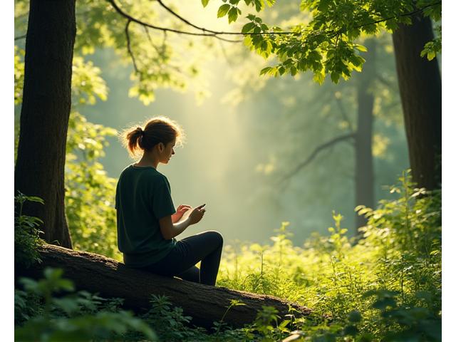 A serene outdoor scene with a person sketching in a notebook, surrounded by lush greenery, emphasizing digital detox and connection with nature.