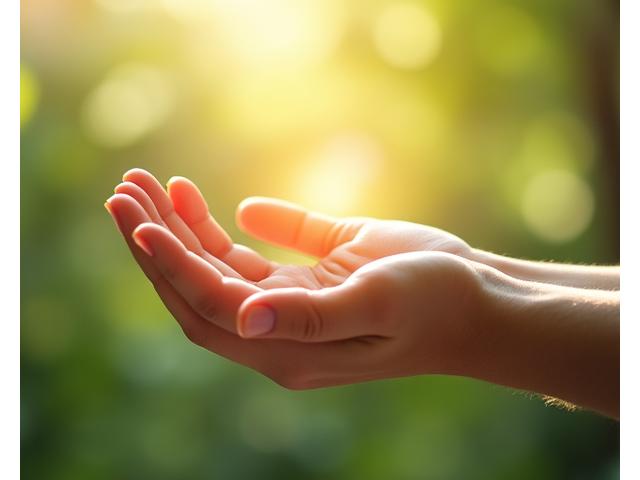 A tranquil scene of hands gently cupped, symbolizing mindful breathing, with soft, diffused light, conveying calm.