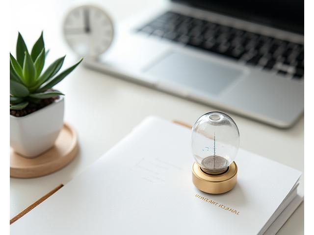 A minimalist desk setup with a timer, a small plant, and an open notebook, signifying quick, focused breaks and analog wellness.