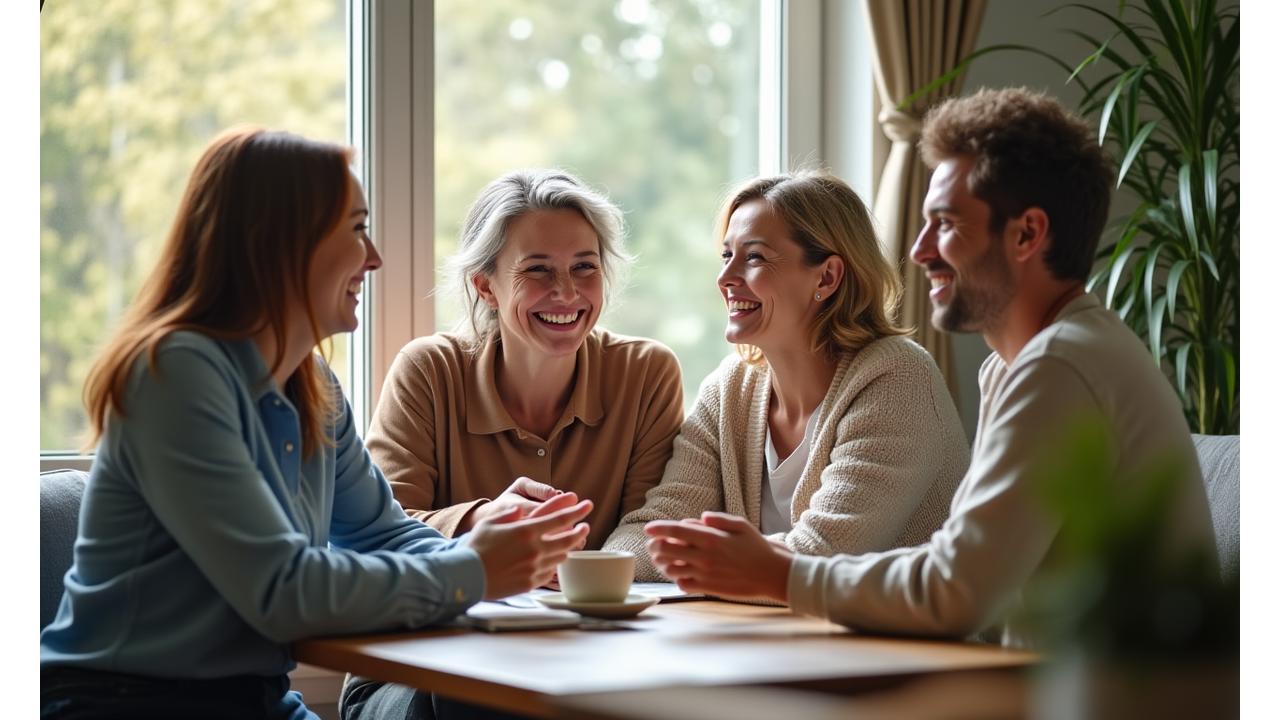 A diverse group of adults looking relaxed and content in a modern, calm setting, symbolizing successful stress management and well-being.