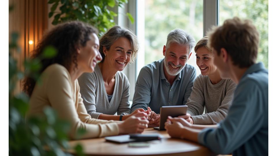 A diverse group of adults engaging in supportive group discussion digitally and in-person, signifying community and connection.